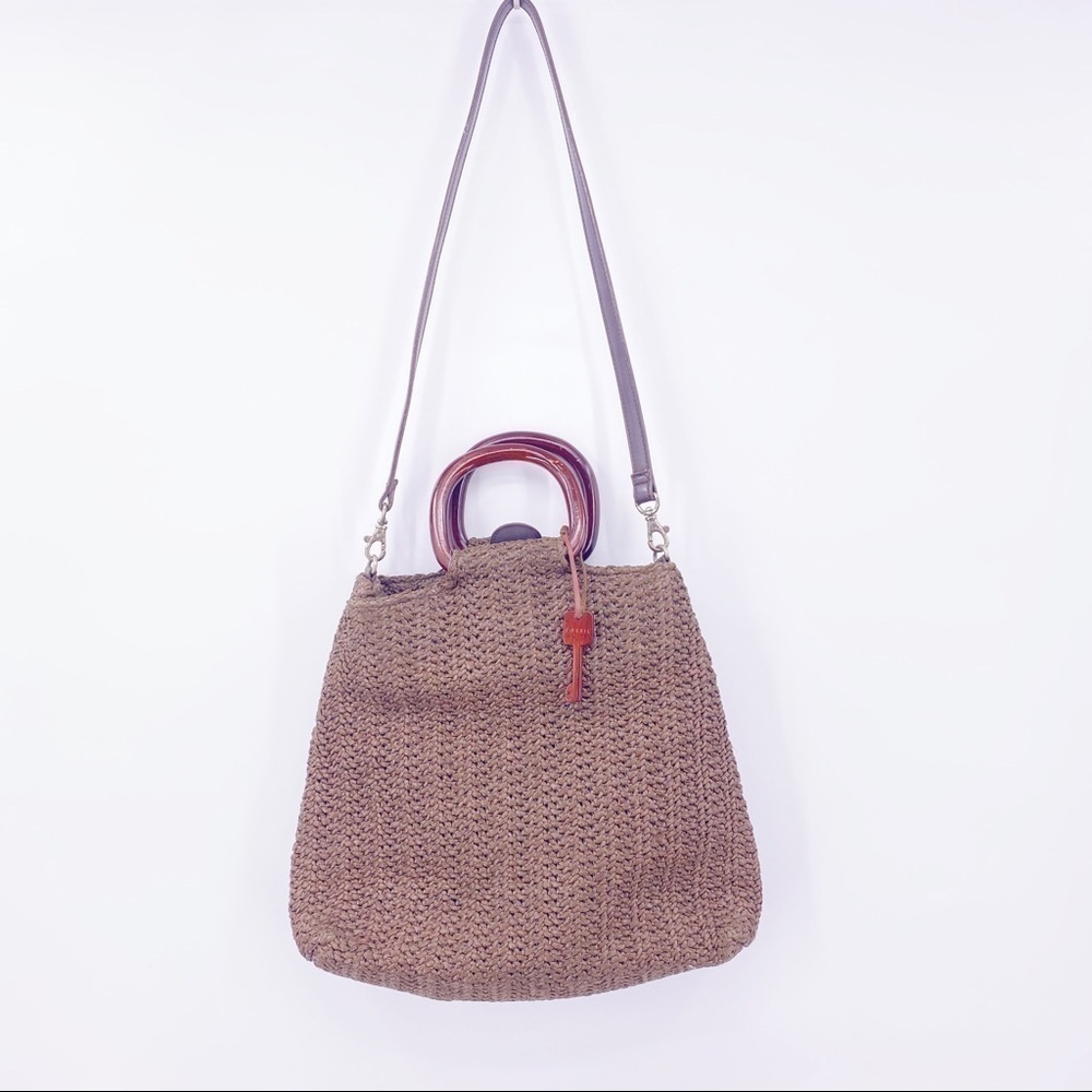 Fossil Vintage Woven Handbag With Shoulder Strap Dark Brown